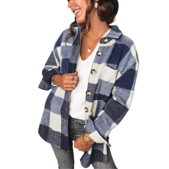 Fantaslook women’s Navy Blue and White Fall Flannel Shacket Shirt NWT sz Large - Picture 1 of 8